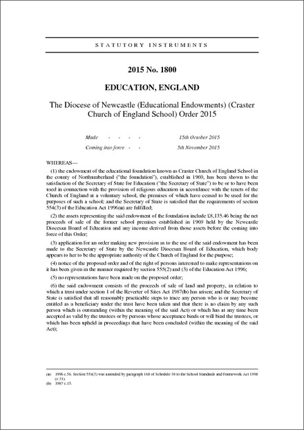 The Diocese of Newcastle (Educational Endowments) (Craster Church of England School) Order 2015