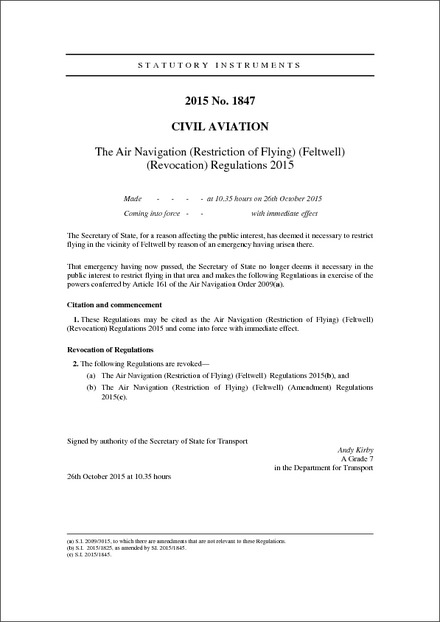 The Air Navigation (Restriction of Flying) (Feltwell) (Revocation) Regulations 2015