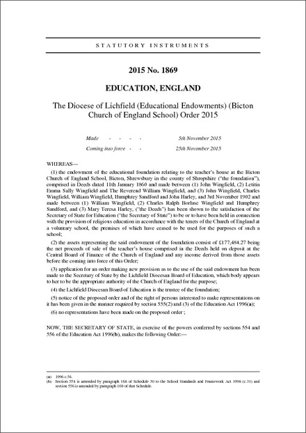The Diocese of Lichfield (Educational Endowments) (Bicton Church of England School) Order 2015