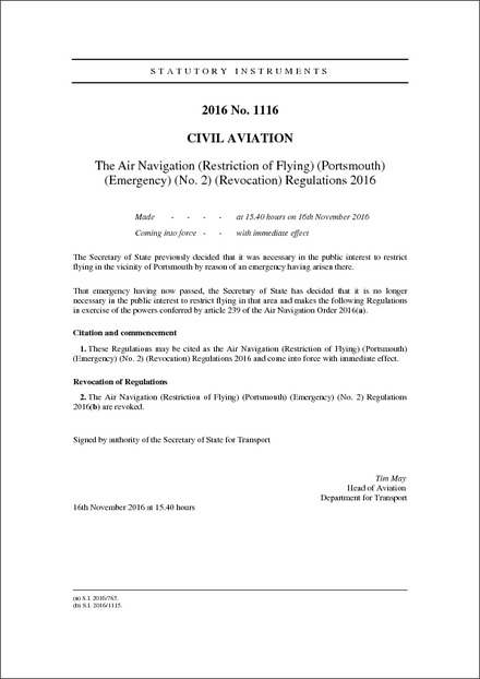 The Air Navigation (Restriction of Flying) (Portsmouth) (Emergency) (No. 2) (Revocation) Regulations 2016