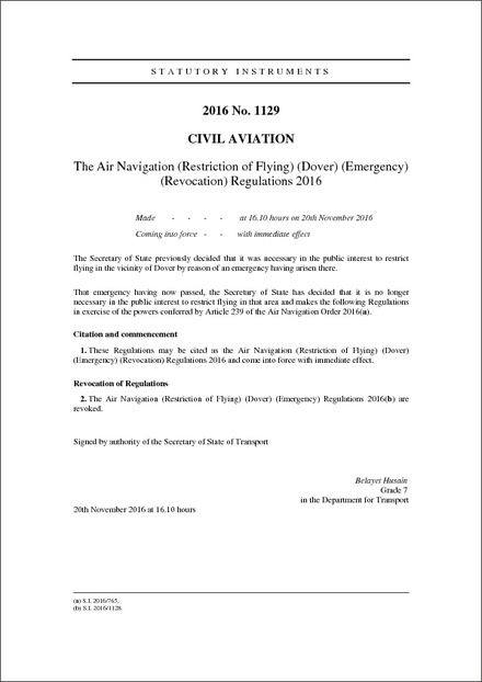 The Air Navigation (Restriction of Flying) (Dover) (Emergency) (Revocation) Regulations 2016