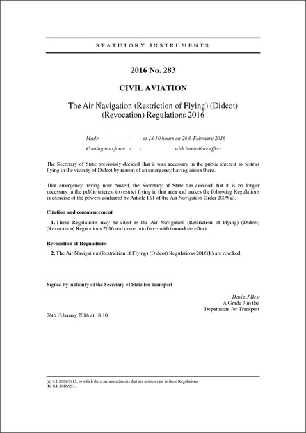 The Air Navigation (Restriction of Flying) (Didcot) (Revocation) Regulations 2016