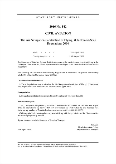 The Air Navigation (Restriction of Flying) (Clacton-on-Sea) Regulations 2016