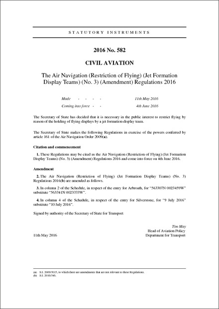 The Air Navigation (Restriction of Flying) (Jet Formation Display Teams) (No. 3) (Amendment) Regulations 2016