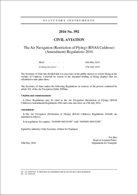 The Air Navigation (Restriction of Flying) (RNAS Culdrose) (Amendment) Regulations 2016