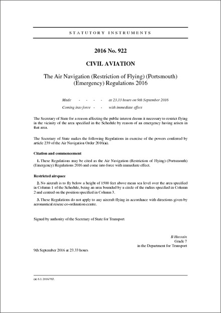 The Air Navigation (Restriction of Flying) (Portsmouth) (Emergency) Regulations 2016