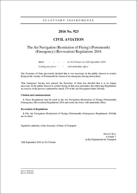 The Air Navigation (Restriction of Flying) (Portsmouth) (Emergency) (Revocation) Regulations 2016