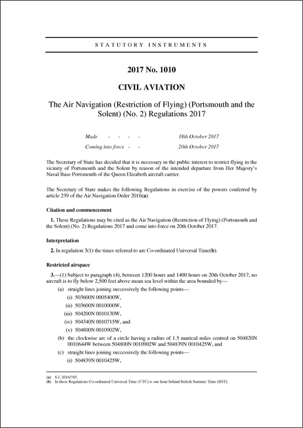 The Air Navigation (Restriction of Flying) (Portsmouth and the Solent) (No. 2) Regulations 2017