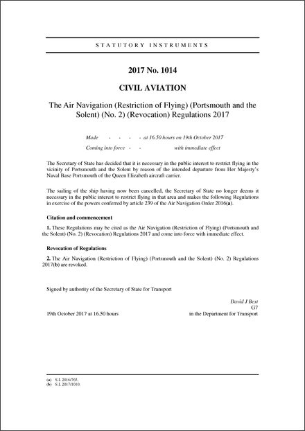 The Air Navigation (Restriction of Flying) (Portsmouth and the Solent) (No. 2) (Revocation) Regulations 2017