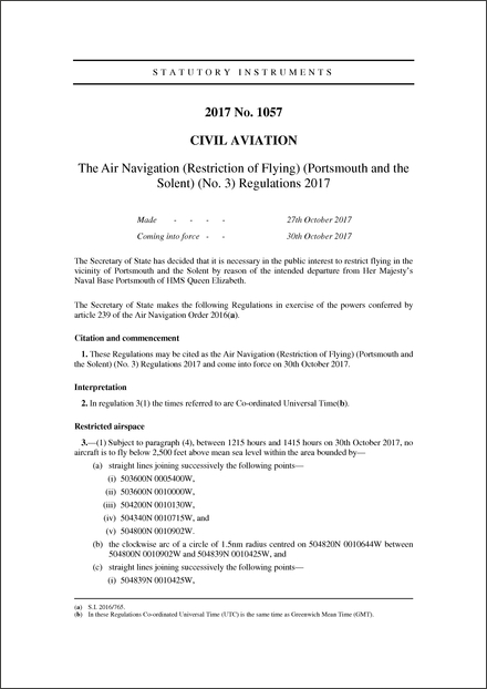 The Air Navigation (Restriction of Flying) (Portsmouth and the Solent) (No. 3) Regulations 2017