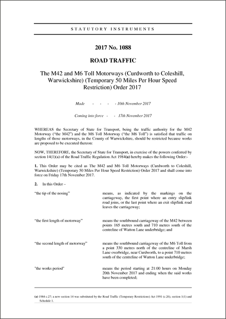 The M42 and M6 Toll Motorways (Curdworth to Coleshill, Warwickshire) (Temporary 50 Miles Per Hour Speed Restriction) Order 2017