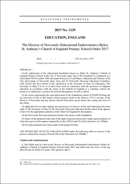 The Diocese of Newcastle (Educational Endowments) (Byker St. Anthony’s Church of England Primary School) Order 2017