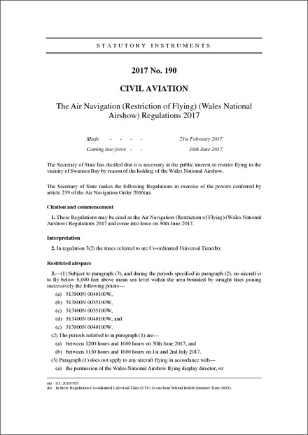 The Air Navigation (Restriction of Flying) (Wales National Airshow) Regulations 2017