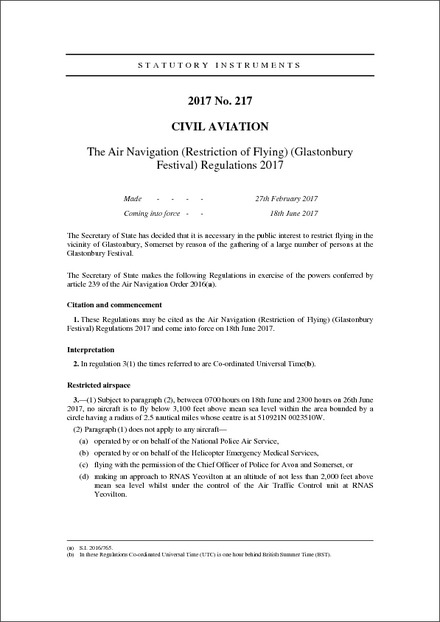 The Air Navigation (Restriction of Flying) (Glastonbury Festival) Regulations 2017