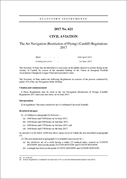 The Air Navigation (Restriction of Flying) (Cardiff) Regulations 2017