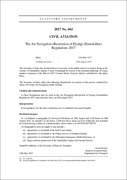 The Air Navigation (Restriction of Flying) (Enniskillen) Regulations 2017