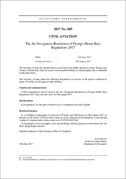 The Air Navigation (Restriction of Flying) (Herne Bay) Regulations 2017