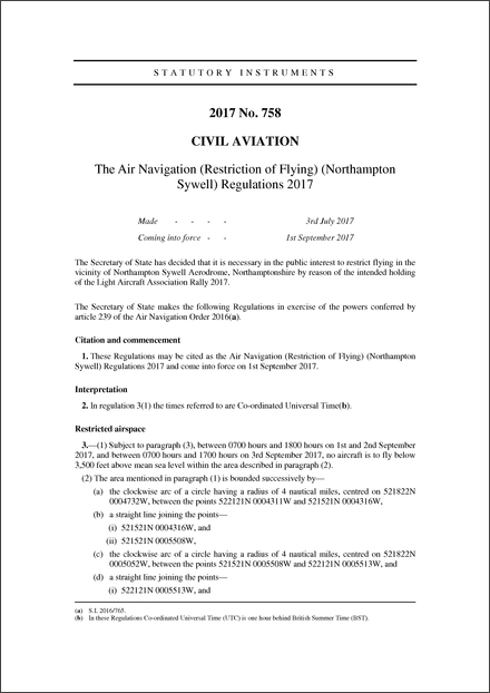 The Air Navigation (Restriction of Flying) (Northampton Sywell) Regulations 2017
