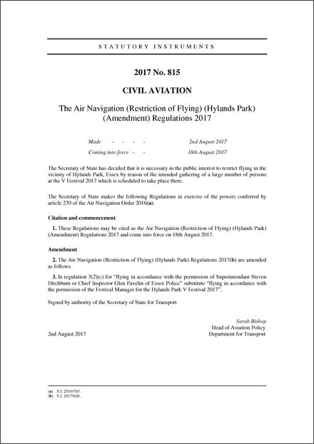 The Air Navigation (Restriction of Flying) (Hylands Park) (Amendment) Regulations 2017