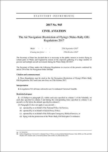 The Air Navigation (Restriction of Flying) (Wales Rally GB) Regulations 2017