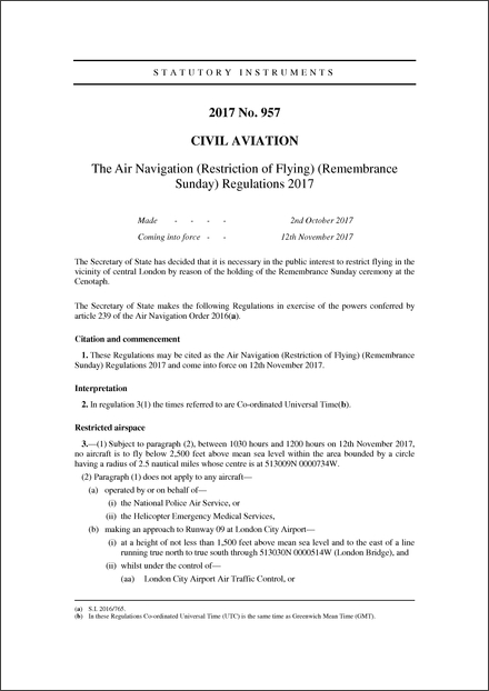 The Air Navigation (Restriction of Flying) (Remembrance Sunday) Regulations 2017