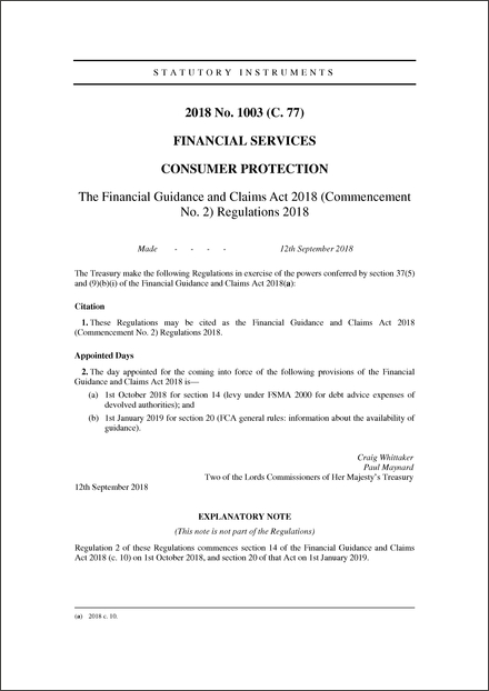 The Financial Guidance and Claims Act 2018 (Commencement No. 2) Regulations 2018