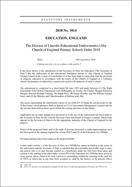 The Diocese of Lincoln (Educational Endowments) (Aby Church of England Primary School) Order 2018