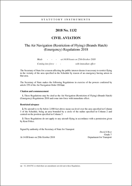 The Air Navigation (Restriction of Flying) (Brands Hatch) (Emergency) Regulations 2018