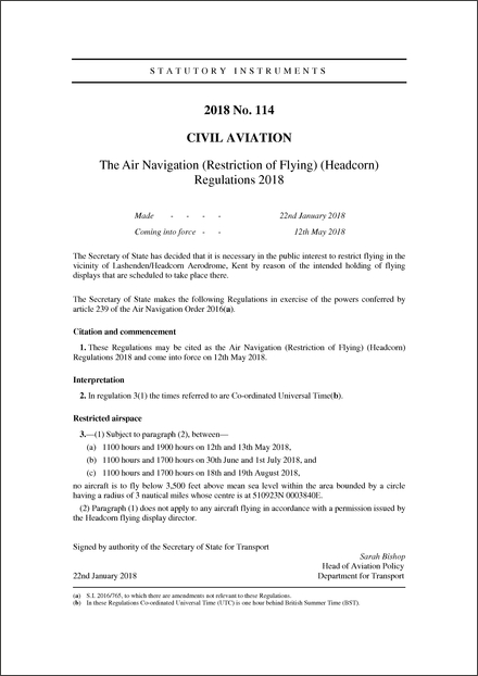 The Air Navigation (Restriction of Flying) (Headcorn) Regulations 2018