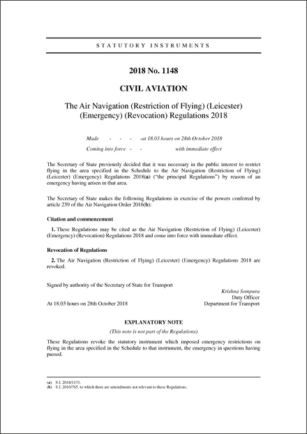 The Air Navigation (Restriction of Flying) (Leicester) (Emergency) (Revocation) Regulations 2018