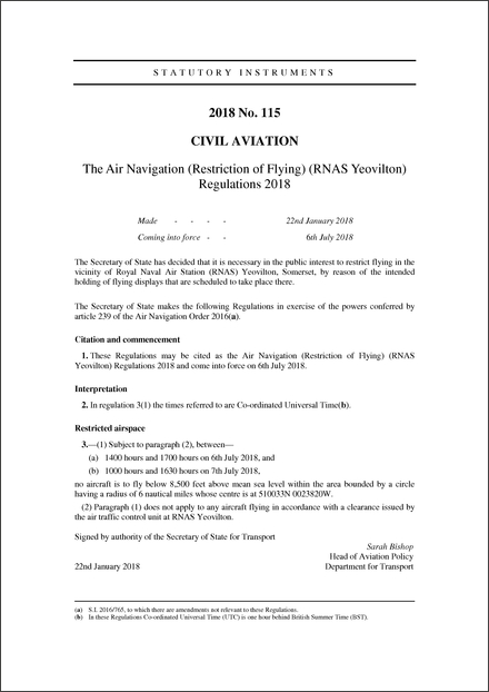 The Air Navigation (Restriction of Flying) (RNAS Yeovilton) Regulations 2018
