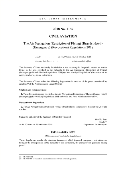The Air Navigation (Restriction of Flying) (Brands Hatch) (Emergency) (Revocation) Regulations 2018
