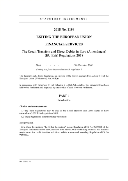 The Credit Transfers and Direct Debits in Euro (Amendment) (EU Exit) Regulations 2018