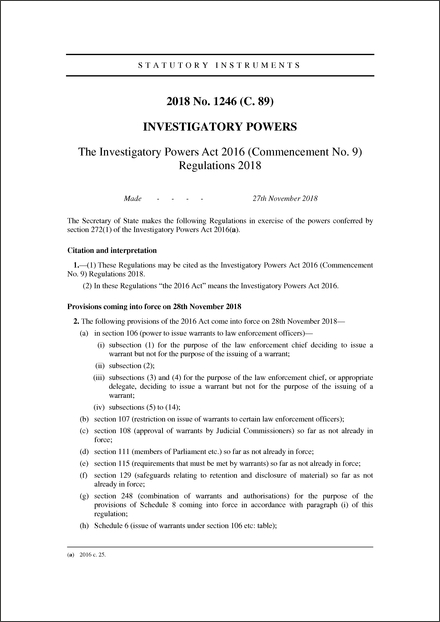 The Investigatory Powers Act 2016 (Commencement No. 9) Regulations 2018