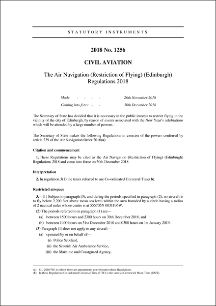 The Air Navigation (Restriction of Flying) (Edinburgh) Regulations 2018