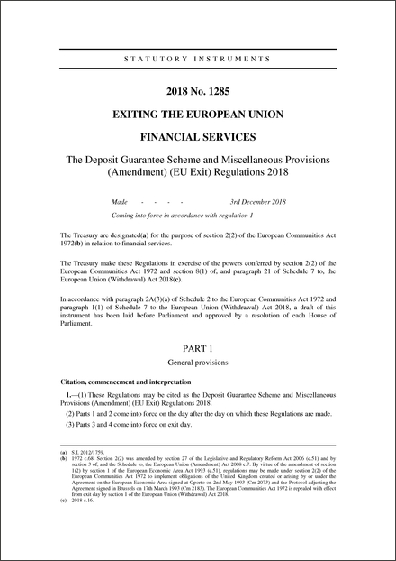 The Deposit Guarantee Scheme and Miscellaneous Provisions (Amendment) (EU Exit) Regulations 2018