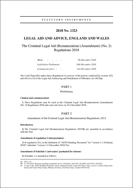 The Criminal Legal Aid (Remuneration) (Amendment) (No. 2) Regulations 2018