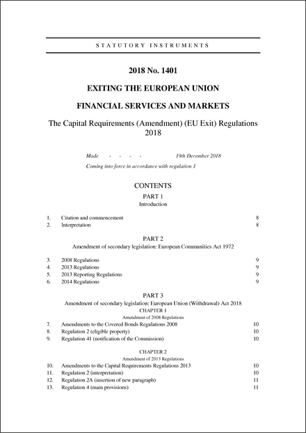 The Capital Requirements (Amendment) (EU Exit) Regulations 2018