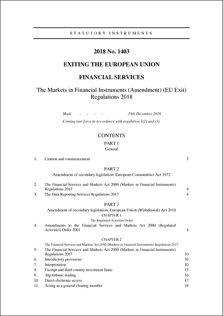 The Markets in Financial Instruments (Amendment) (EU Exit) Regulations 2018