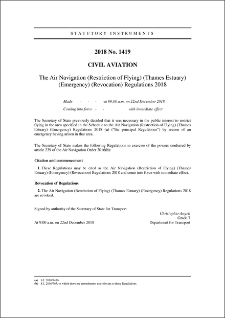 The Air Navigation (Restriction of Flying) (Thames Estuary) (Emergency) (Revocation) Regulations 2018