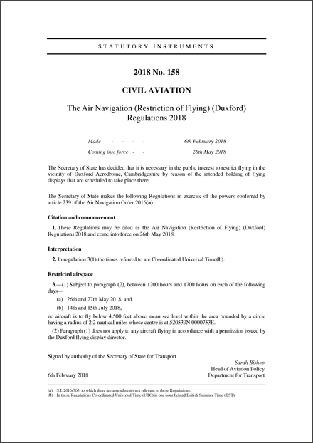 The Air Navigation (Restriction of Flying) (Duxford) Regulations 2018