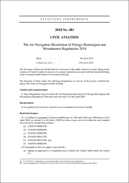 The Air Navigation (Restriction of Flying) (Kensington and Westminster) Regulations 2018