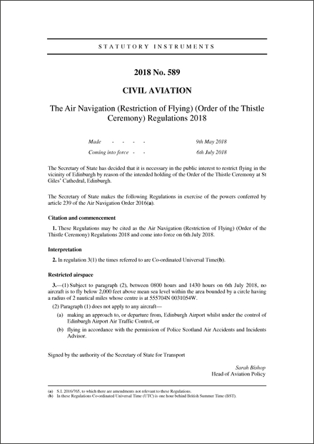 The Air Navigation (Restriction of Flying) (Order of the Thistle Ceremony) Regulations 2018