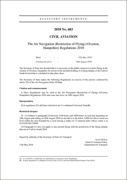 The Air Navigation (Restriction of Flying) (Overton, Hampshire) Regulations 2018