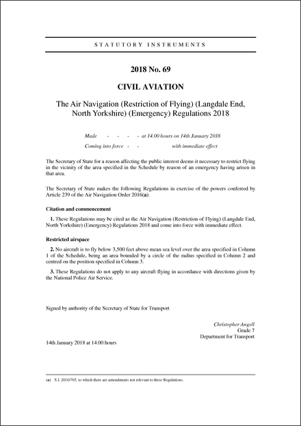 The Air Navigation (Restriction of Flying) (Langdale End, North Yorkshire) (Emergency) Regulations 2018