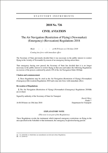 The Air Navigation (Restriction of Flying) (Newmarket) (Emergency) (Revocation) Regulations 2018