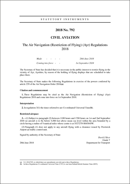 The Air Navigation (Restriction of Flying) (Ayr) Regulations 2018