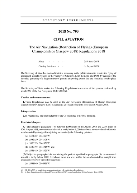The Air Navigation (Restriction of Flying) (European Championships Glasgow 2018) Regulations 2018