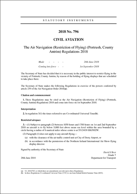 The Air Navigation (Restriction of Flying) (Portrush, County Antrim) Regulations 2018