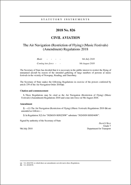 The Air Navigation (Restriction of Flying) (Music Festivals) (Amendment) Regulations 2018